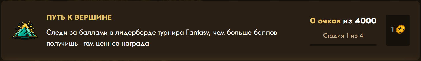 Карточка ачивки Fantasy Team с прогрессом этапов и наградой в жетонах