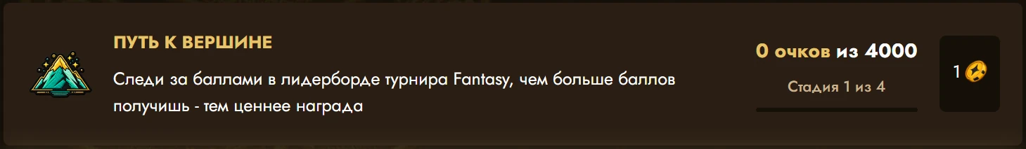Карточка ачивки Fantasy Team с прогрессом этапов и наградой в жетонах