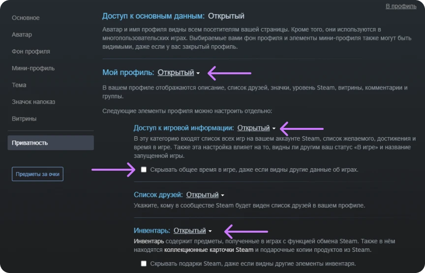 Настройки приватности Steam: как сделать профиль и инвентарь публичными для доступа к Лавке